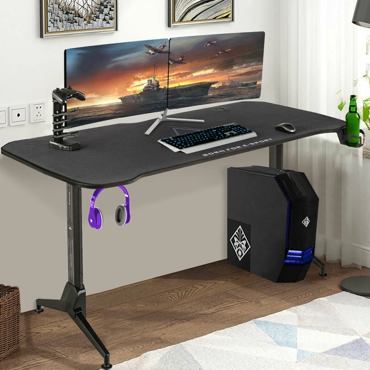 62.5 Inch T-Shaped Gaming Desk with Cup Holder