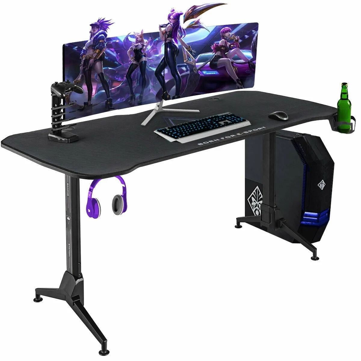 62.5 Inch T-Shaped Gaming Desk with Cup Holder