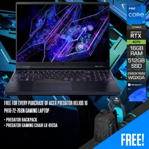 Acer Predator Helios 16 PH16-72-768N Gaming Laptop | 16" WQXGA (2560x1600) 240Hz | i7-14700HX | 16GB RAM | 512GB SSD | RTX 4070 | Windows 11 Pro | Predator Backpack   Predator Gaming Chair LK-8103A