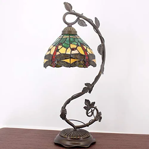 Bedside Lamp Tiffany Style Stained Glass Table Lamp, Green Yellow Dragonfly Antique Banker Desk Light With 21" Tall Thin Metal Leaf Base - Bedroom Living Room Accent Hotel WERFACTORY LED BULB Included