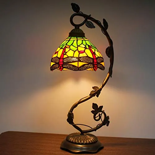 Bedside Lamp Tiffany Style Stained Glass Table Lamp, Green Yellow Dragonfly Antique Banker Desk Light With 21" Tall Thin Metal Leaf Base - Bedroom Living Room Accent Hotel WERFACTORY LED BULB Included