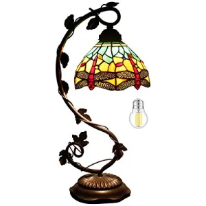 Bedside Lamp Tiffany Style Stained Glass Table Lamp, Green Yellow Dragonfly Antique Banker Desk Light With 21" Tall Thin Metal Leaf Base - Bedroom Living Room Accent Hotel WERFACTORY LED BULB Included