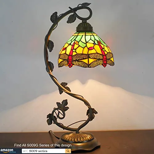 Bedside Lamp Tiffany Style Stained Glass Table Lamp, Green Yellow Dragonfly Antique Banker Desk Light With 21" Tall Thin Metal Leaf Base - Bedroom Living Room Accent Hotel WERFACTORY LED BULB Included