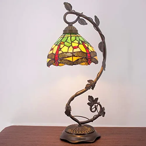 Bedside Lamp Tiffany Style Stained Glass Table Lamp, Green Yellow Dragonfly Antique Banker Desk Light With 21" Tall Thin Metal Leaf Base - Bedroom Living Room Accent Hotel WERFACTORY LED BULB Included