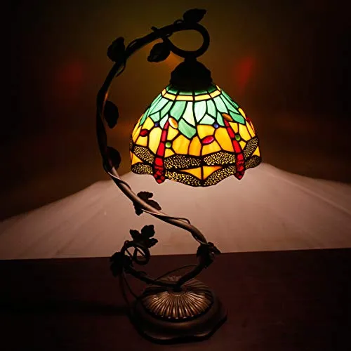 Bedside Lamp Tiffany Style Stained Glass Table Lamp, Green Yellow Dragonfly Antique Banker Desk Light With 21" Tall Thin Metal Leaf Base - Bedroom Living Room Accent Hotel WERFACTORY LED BULB Included