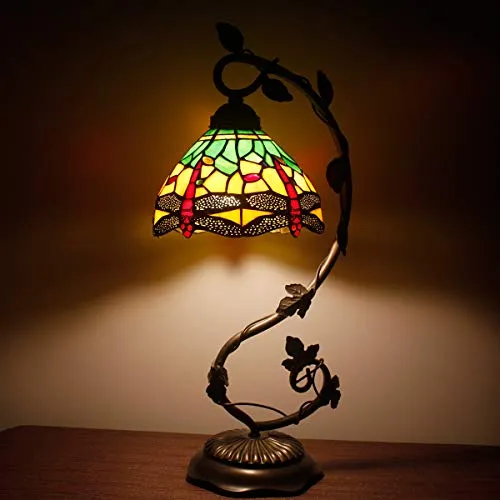 Bedside Lamp Tiffany Style Stained Glass Table Lamp, Green Yellow Dragonfly Antique Banker Desk Light With 21" Tall Thin Metal Leaf Base - Bedroom Living Room Accent Hotel WERFACTORY LED BULB Included