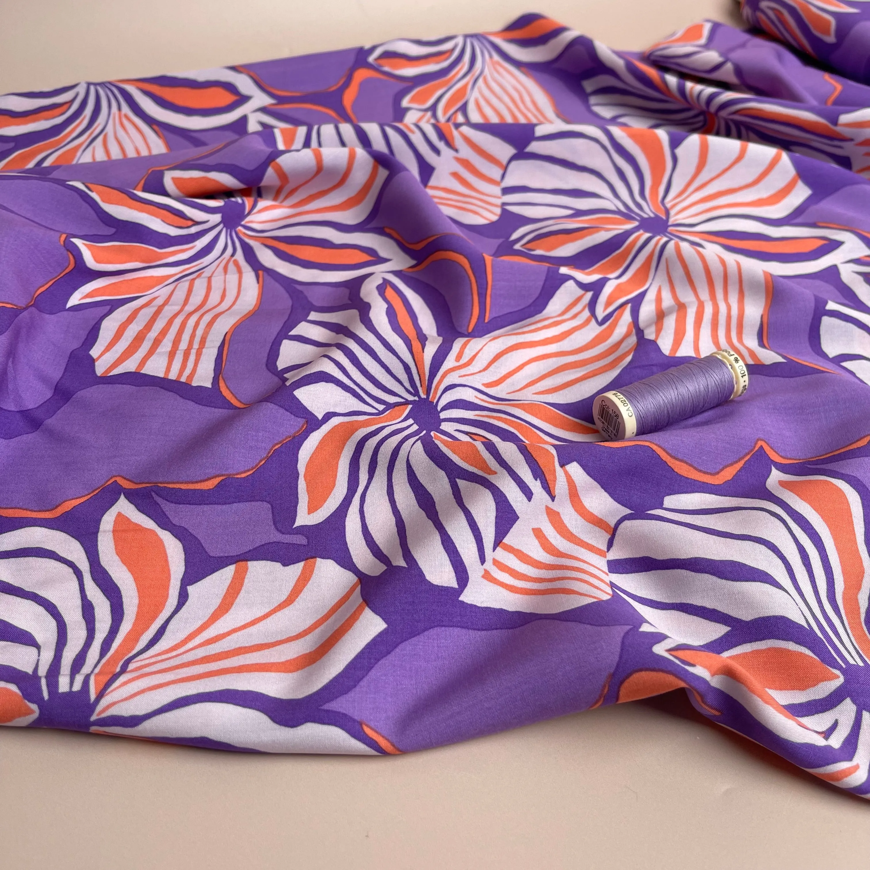 Bold Painted Flowers on Purple LENZING™ ECOVERO™ Viscose Fabric