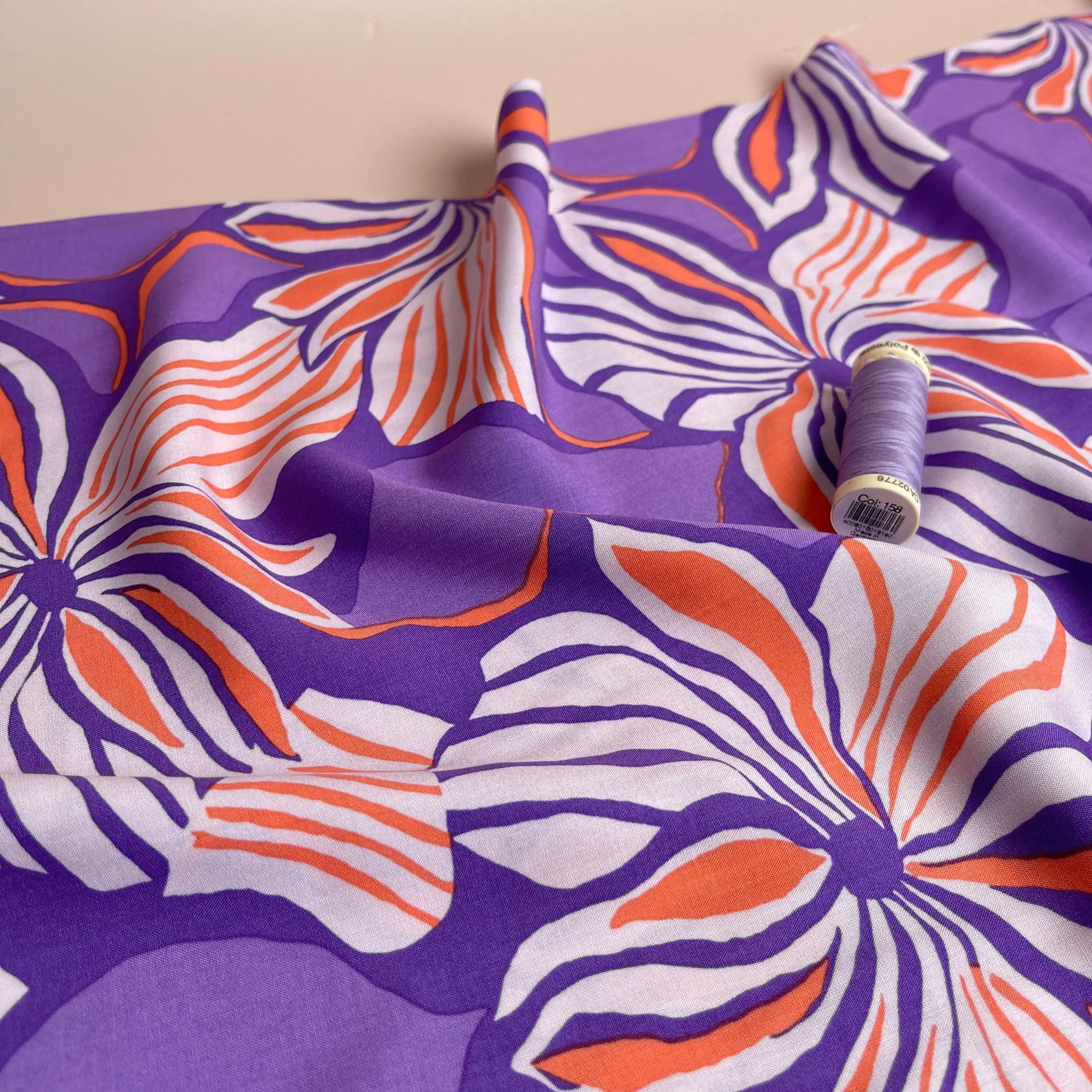 Bold Painted Flowers on Purple LENZING™ ECOVERO™ Viscose Fabric