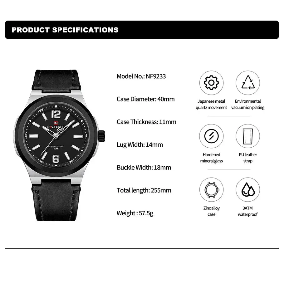 NAVIFORCE NF9233 Original New Luxury Watch For Men Sport Waterproof Clock High Quality Fashion PU Strap Male Quartz Wristwatches