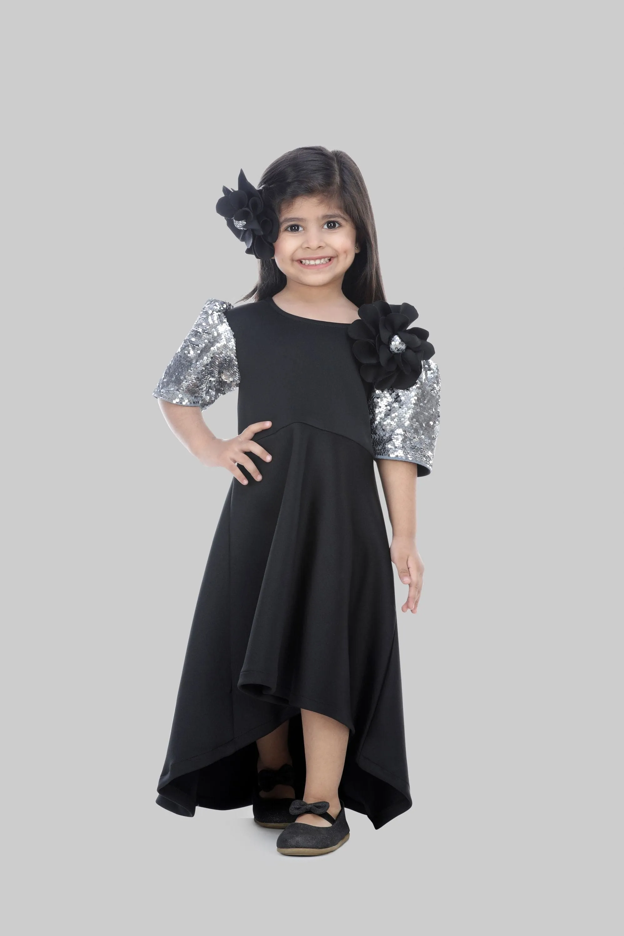 Pre-Order:  Black Dress with Sequence Fabric Sleeves